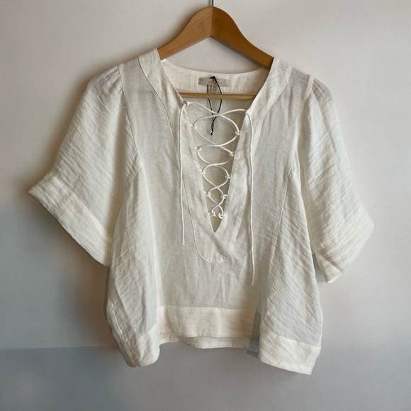 7 For All Mankind Womens Short Sleeve Lace Up Flutter Top White XS Peasant - Picture 2 of 8